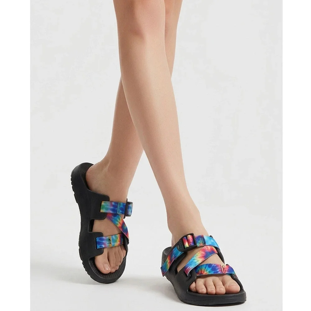 Chaco Chill Black Rainbow Slides Outdoor Sports Summer Woman's Sandals Size 6